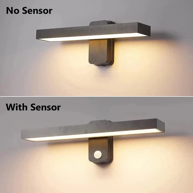 Modern outdoor motion sensor LED wall light, waterproof & adjustable for contemporary homes.
