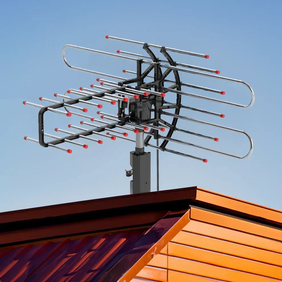 Outdoor long-range HD TV antenna for free UHF/VHF channels, 500+ mile range, digital signal booster, cable alternative.