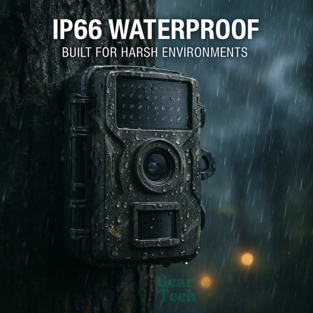 Weatherproof trail camera with HD night vision. Motion-activated for wildlife monitoring & hunting surveillance.