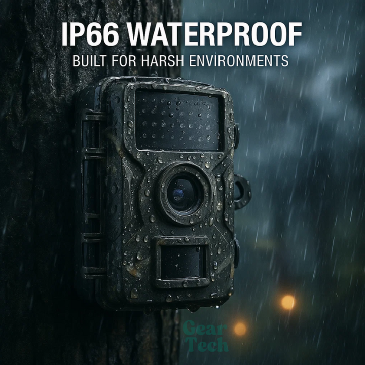 Weatherproof trail camera with HD night vision. Motion-activated for wildlife monitoring & hunting surveillance.