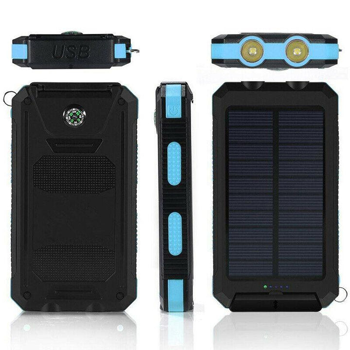 Rugged solar power bank with dual USB, built-in emergency light. Ideal for off-grid camping & travel charging.