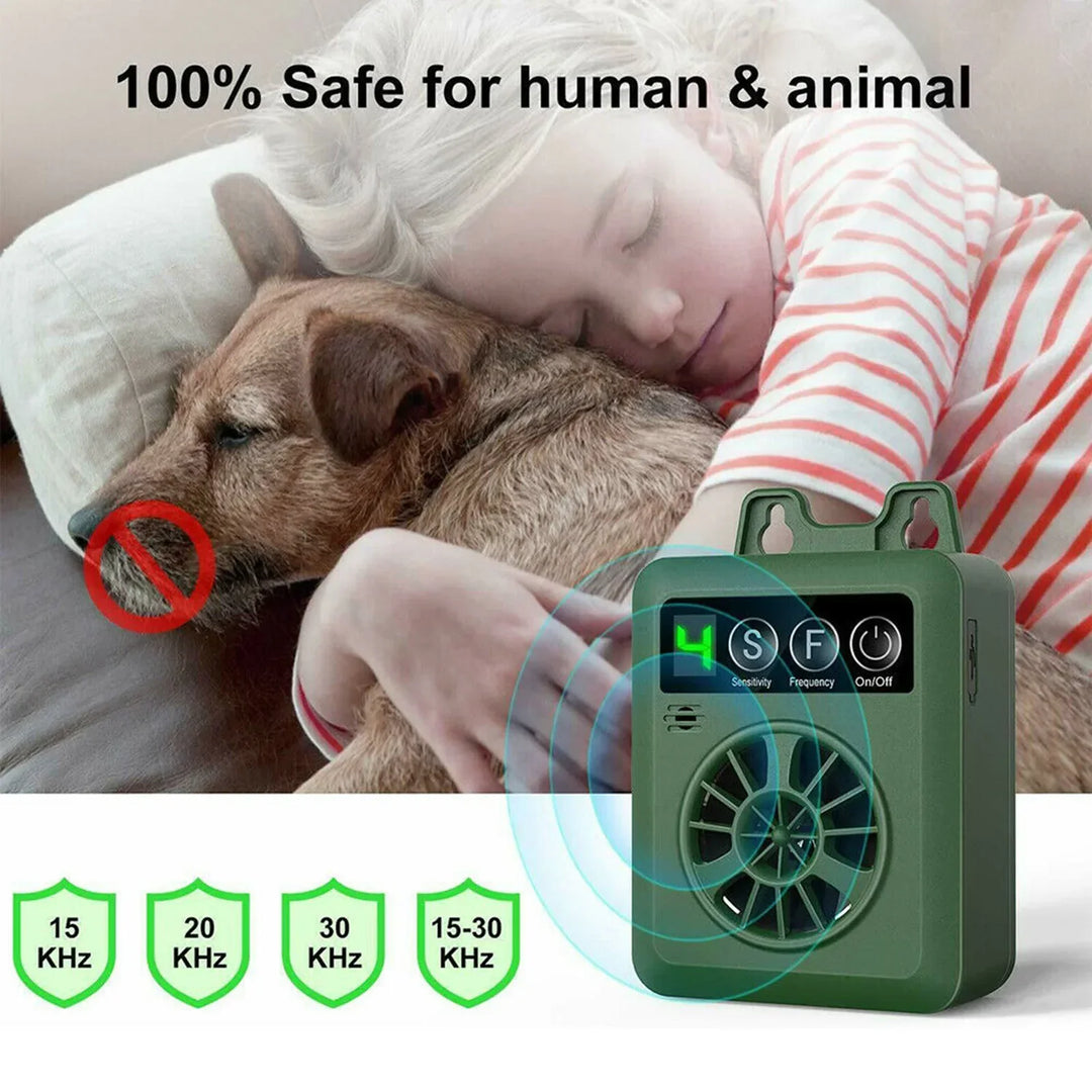 Outdoor dog deterrent: Ultrasonic bark stopper device, ideal for quiet outdoor spaces & pet training.