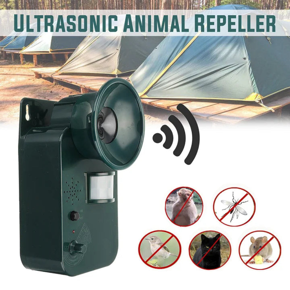Compact ultrasonic animal repeller provides chemical-free yard & garden protection from rodents, snakes, & pests.