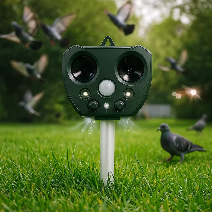 Outdoor ultrasonic pest & bird repeller, solar powered, motion activated, for garden protection & humane animal control.