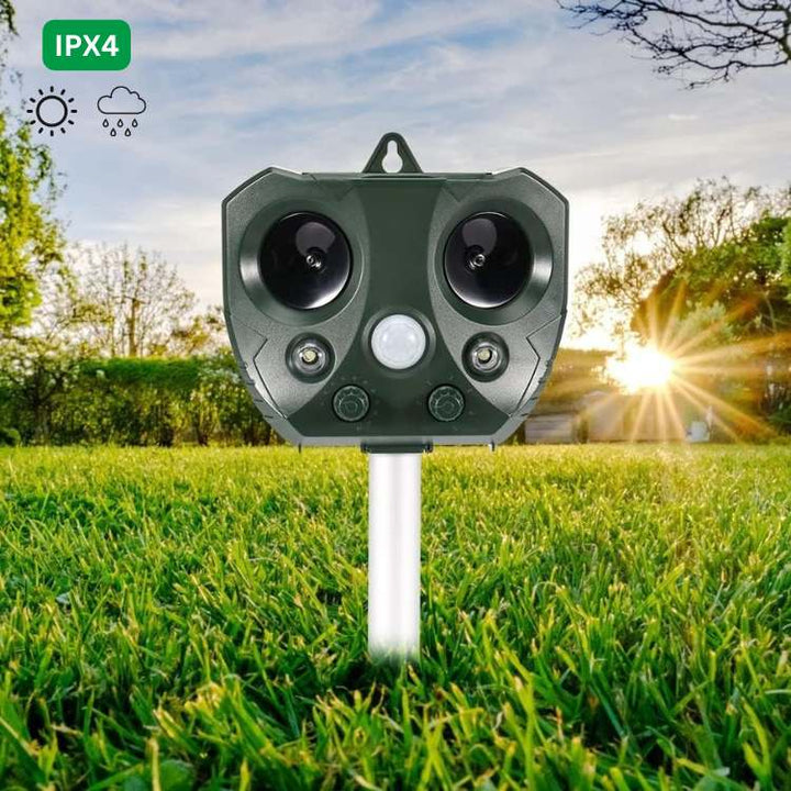 Solar powered ultrasonic repeller deters birds, pests & unwanted animals from gardens, yards & outdoor spaces.