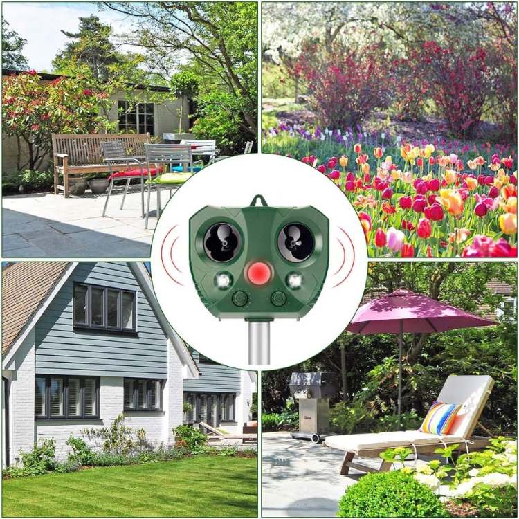 Humane solar-powered ultrasonic pest & bird repeller for easy, wire-free garden protection & animal deterrent.