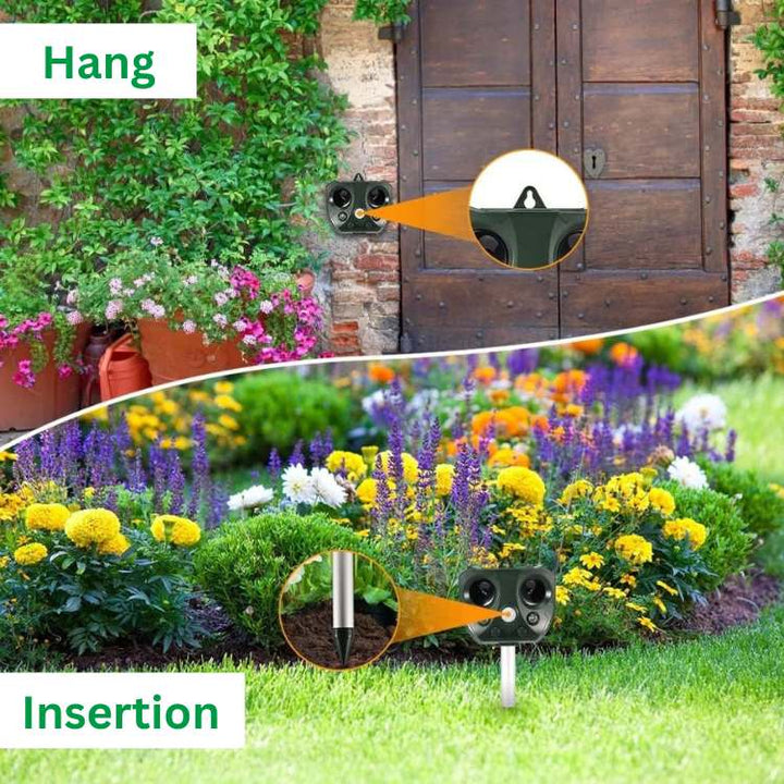 Advanced ultrasonic pest & bird repeller offers humane, motion-activated control for garden & outdoor animal defense.