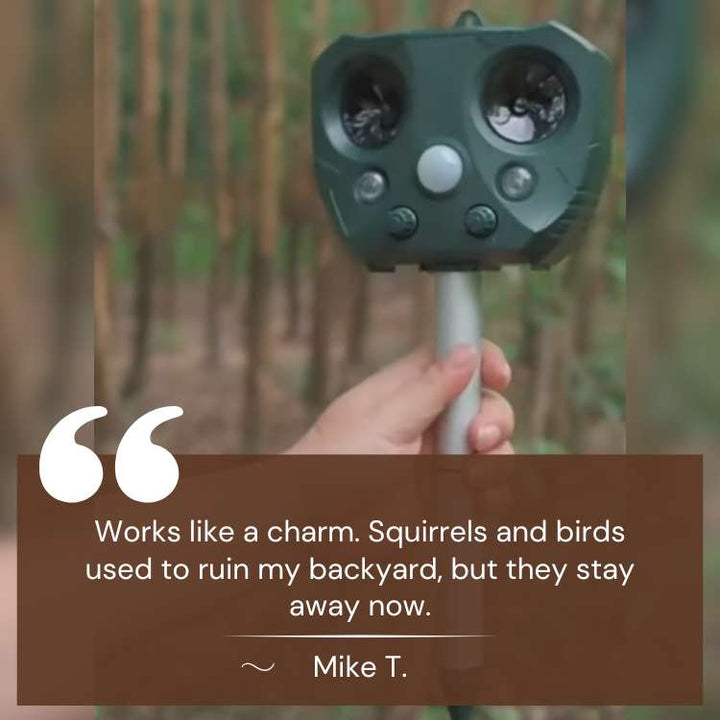 Effective outdoor ultrasonic pest control & bird deterrent. Solar powered, motion activated, keeps gardens safe.