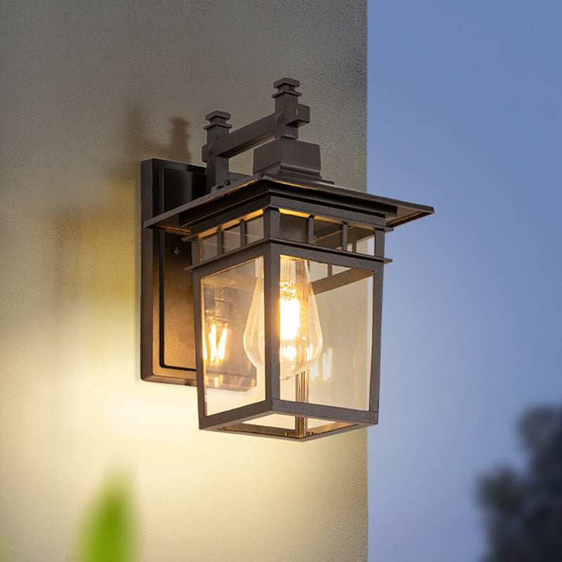 Outdoor waterproof black lantern wall light for gardens, perfect patio lighting & exterior decor.