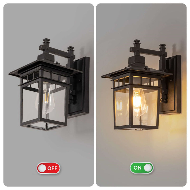 Stylish exterior decor: a waterproof black lantern wall light, enhancing garden aesthetics & lighting.