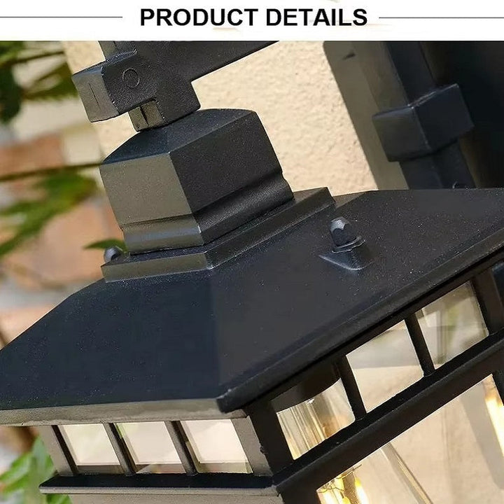 Warm glow from an outdoor waterproof lantern wall light, illuminating a garden patio at night.