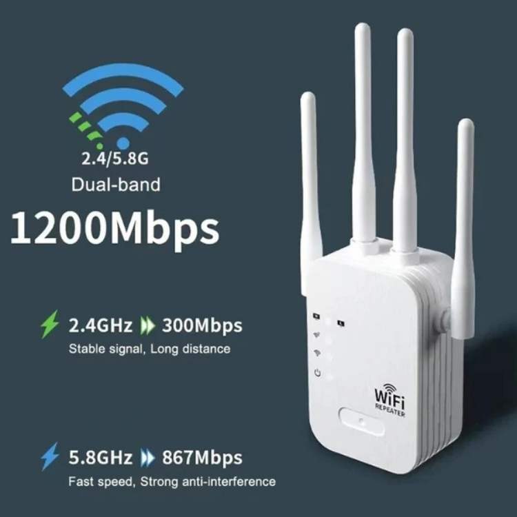 Outdoor WiFi booster for long-range internet extension. Dual-band 1200Mbps speeds to eliminate dead zones.