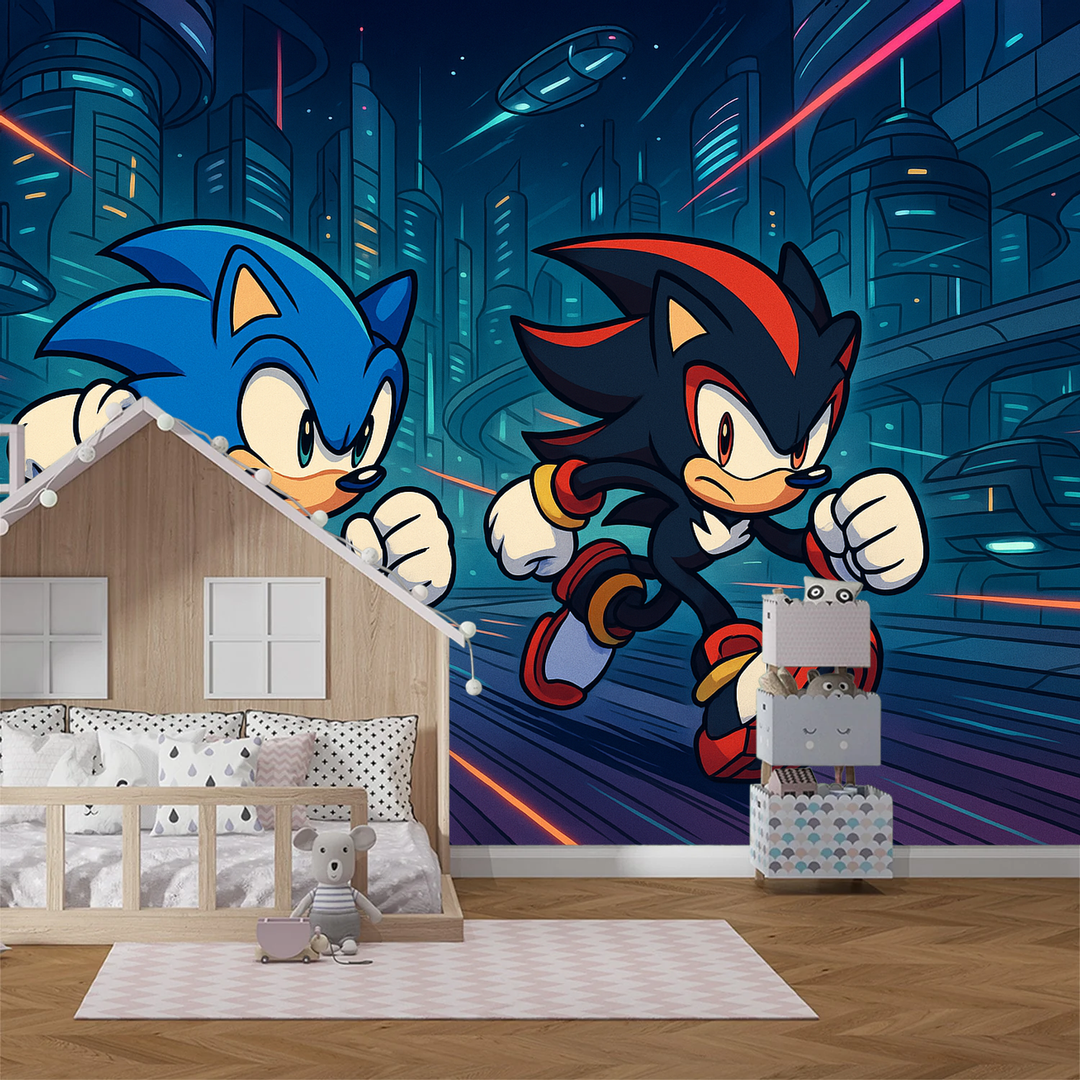 Peel & stick Sonic City gaming wall mural wallpaper for kids' rooms & teen bedrooms. Video game decor.