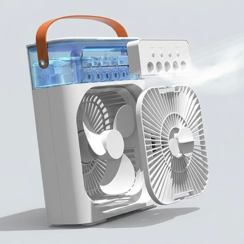 Personal USB air cooler & humidifier with 3 fan/mist speeds, perfect for desk cooling and small spaces.