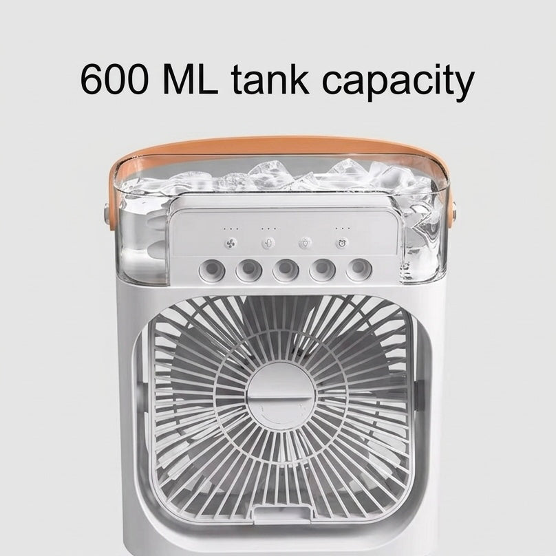 Front view of personal air cooler, showing 3 fan speeds & 3 mist levels for customizable cooling & humidifying.