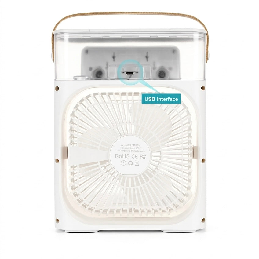 User enjoys a portable USB air cooler with mist on a desk, providing personal cooling and humidification.