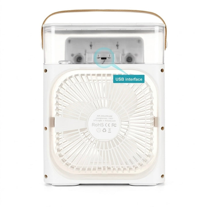 User enjoys a portable USB air cooler with mist on a desk, providing personal cooling and humidification.