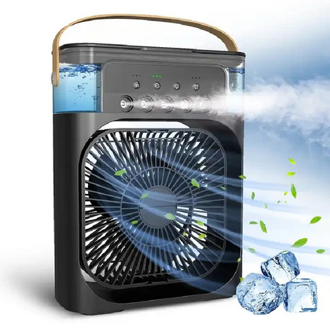 Energy-efficient personal USB air cooler with humidifier, offering quiet 3-speed fan and refreshing mist for any desk.