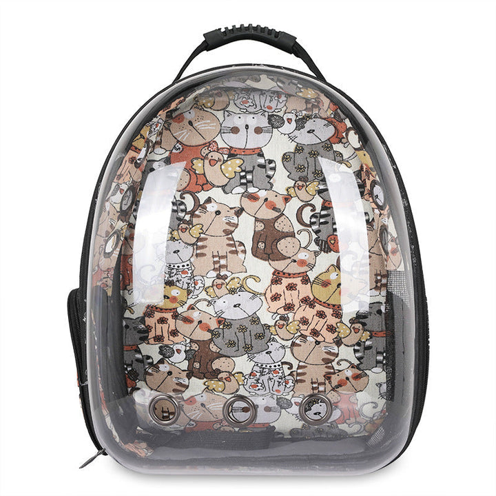 Adventure-ready pet carrier backpack with clear view, ventilated & foldable for cats and small dogs.