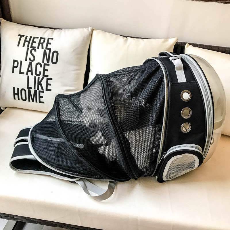 Secure pet backpack with clear view bubble, ventilated sides, folds flat for storage and travel.