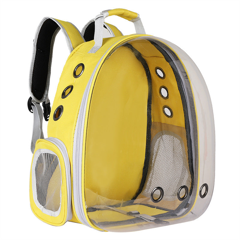 Comfortable pet carrier backpack for cats & small dogs, clear view, foldable for easy transport.