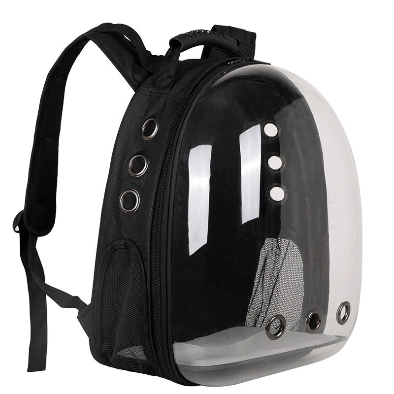 Transparent pet carrier backpack, foldable and compact, ideal for small dog and cat journeys.