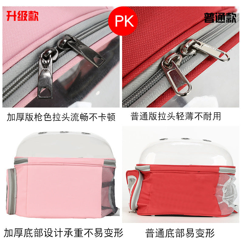 Transparent bubble cat carrier backpack, foldable & ventilated, perfect for comfortable pet travel.