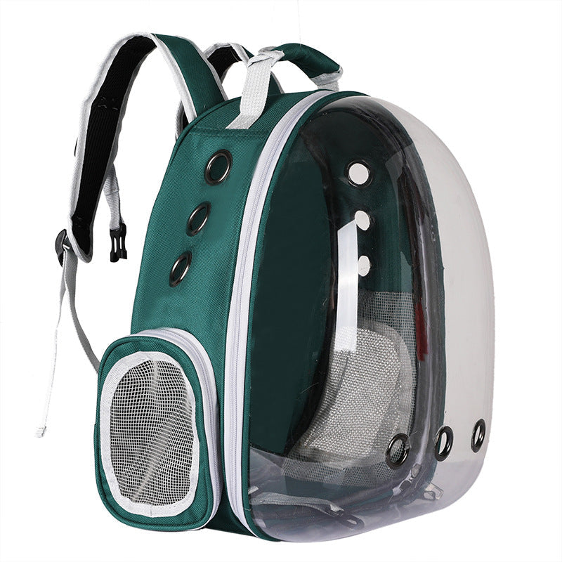 Ventilated pet carrier backpack, clear view, foldable, perfect for long or short trips with pets.