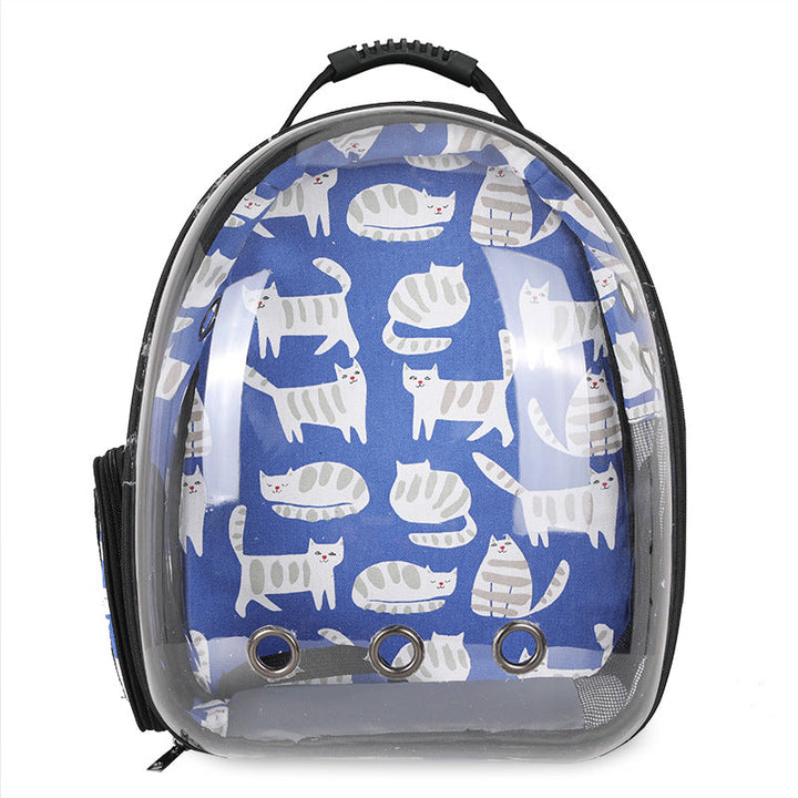 Modern pet carrier backpack, clear dome design, breathable and easily foldable for outdoor trips.