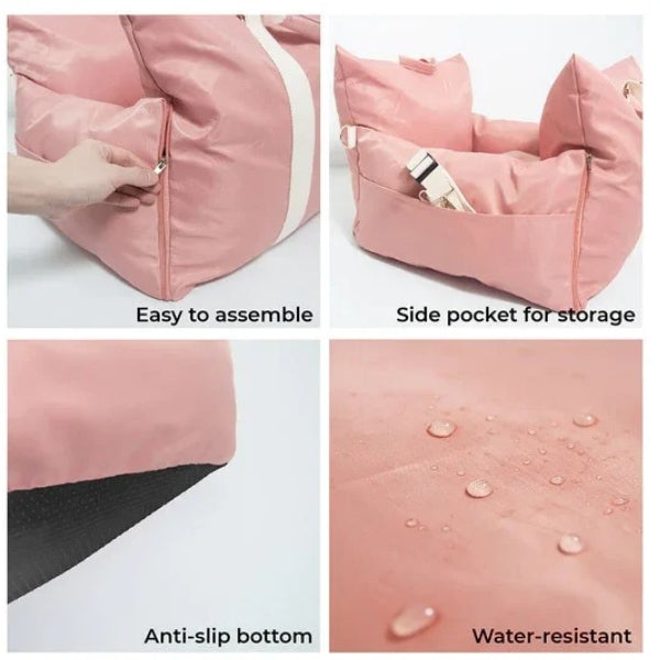 Travel-friendly pet dog car seat bed, waterproof design, promotes pet safety & comfort.