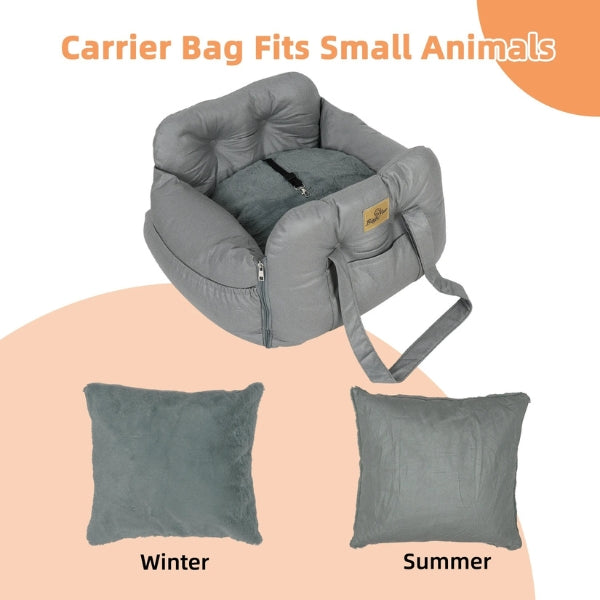 Portable dog travel bed with safety harness, fits most cars, ensures pet safety.