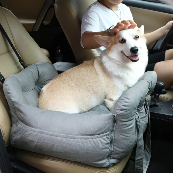 Washable dog car seat bed, waterproof material, easy to clean for pet owners.