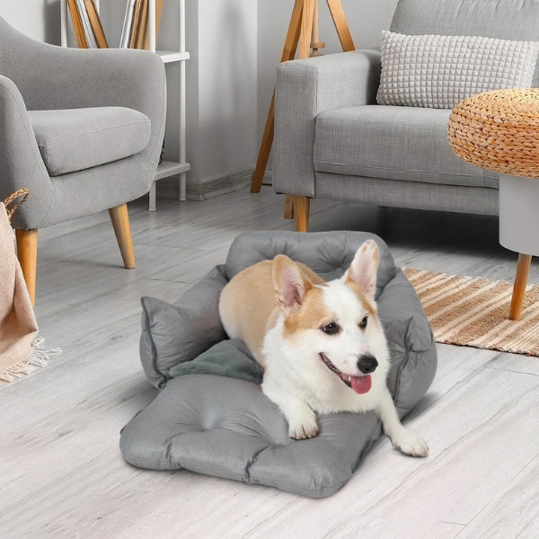 Luxury waterproof dog travel bed with built-in safety harness for car adventures.