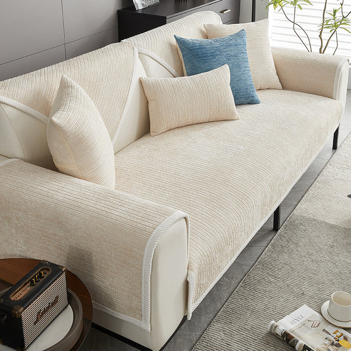 Pet-friendly striped chenille sofa cover. Anti-scratch furniture protector for your living room couch.