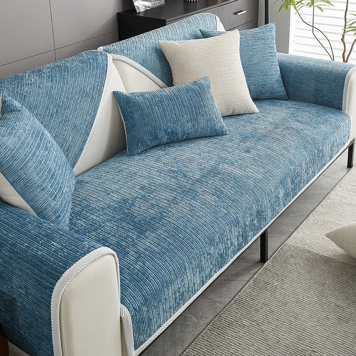 Close-up of soft striped chenille anti-scratch sofa cover texture, ideal for pet owners.