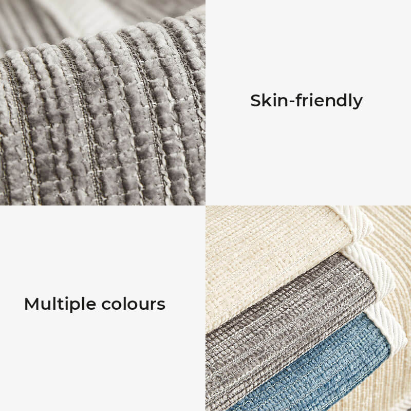 Stylish striped chenille sofa cover transforming a living room couch. Pet-friendly furniture protector.