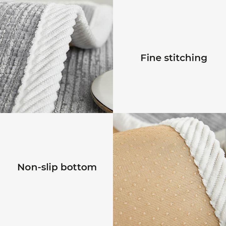 Washable striped chenille slipcover on a sofa, offering easy care and anti-scratch protection for pets.