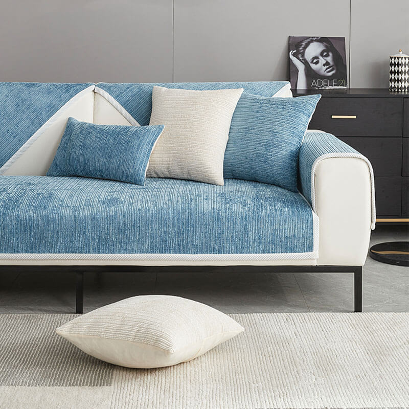 Modern striped chenille sectional cover. Pet-friendly and anti-scratch, enhancing living room home decor.