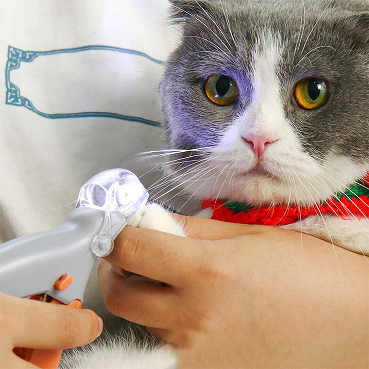 LED-lit pet nail clipper ensures visibility to avoid over-trimming, ideal for dog and cat paw grooming.