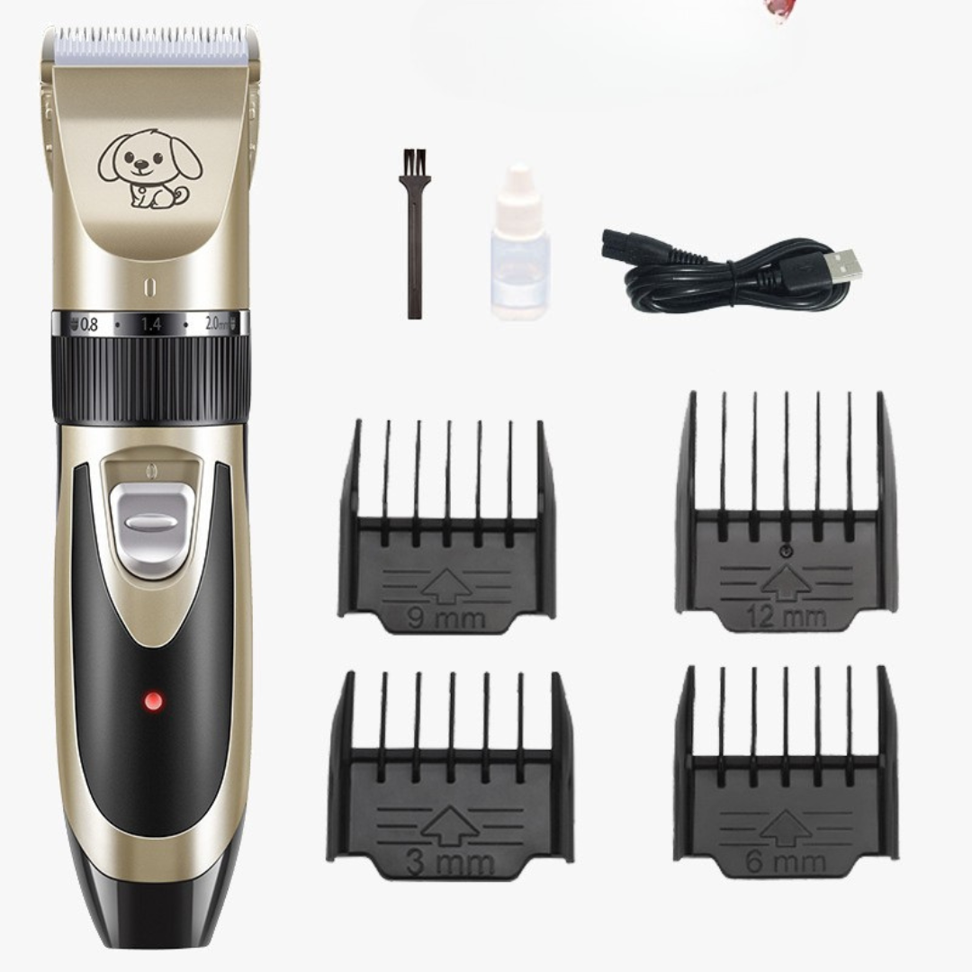 Quiet pet dog grooming clipper set designed for anxious pets, featuring a silent motor & adjustable combs.