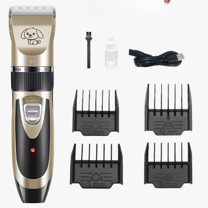 Quiet pet dog grooming clipper set designed for anxious pets, featuring a silent motor & adjustable combs.