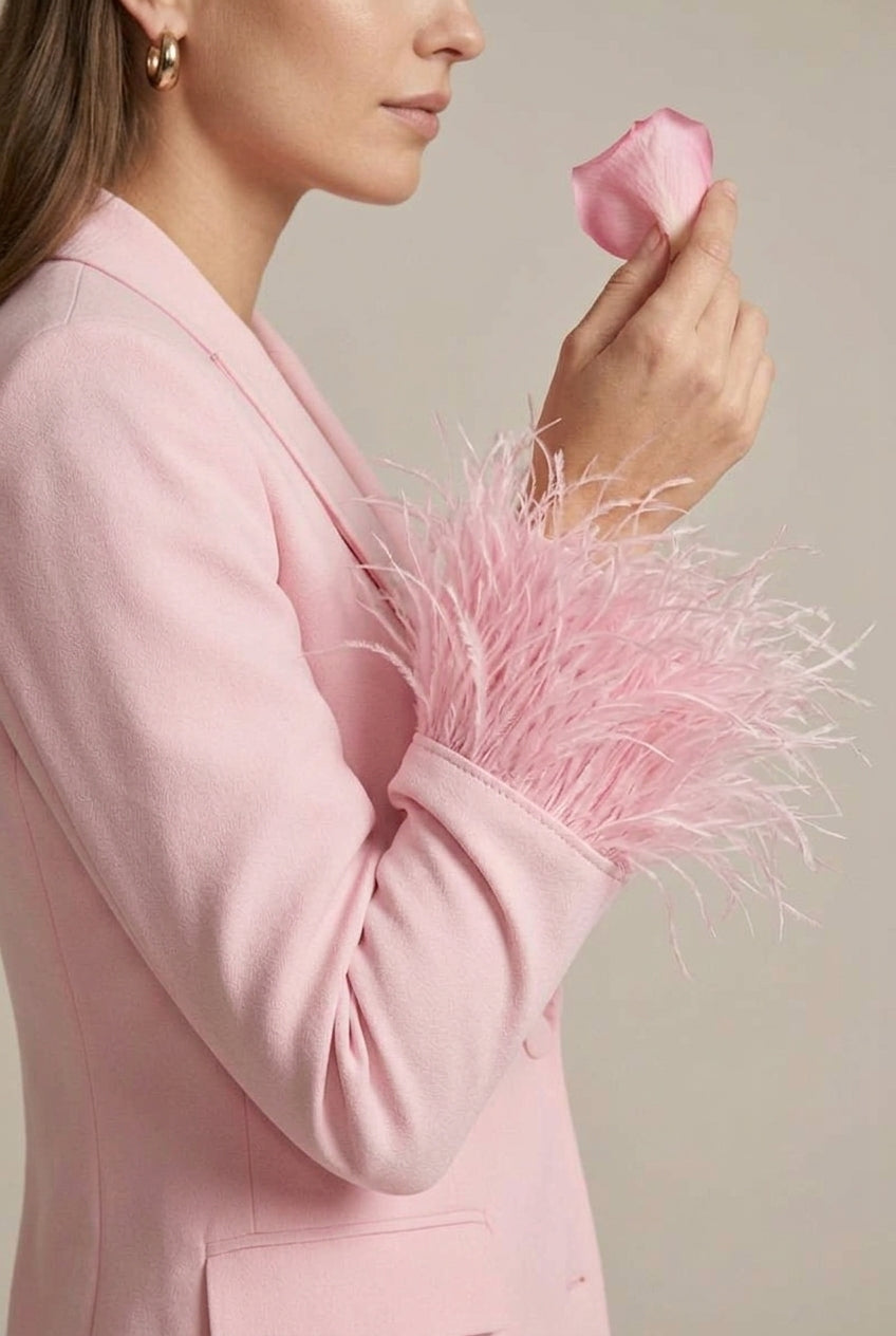 Professional chic pink women's suit set. Feather cuff blazer & comfortable straight leg pants.