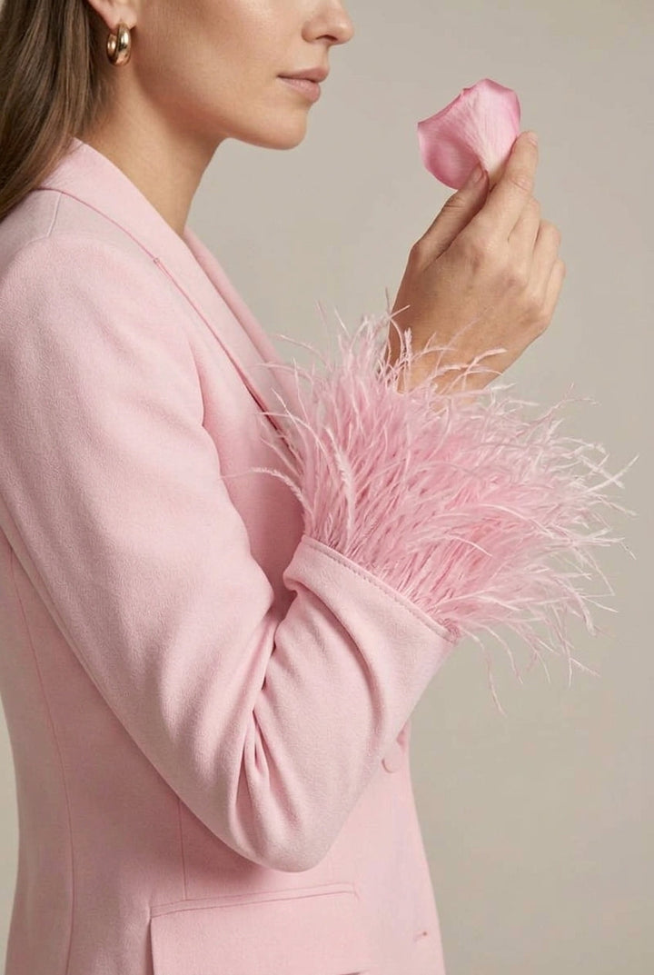 Professional chic pink women's suit set. Feather cuff blazer & comfortable straight leg pants.