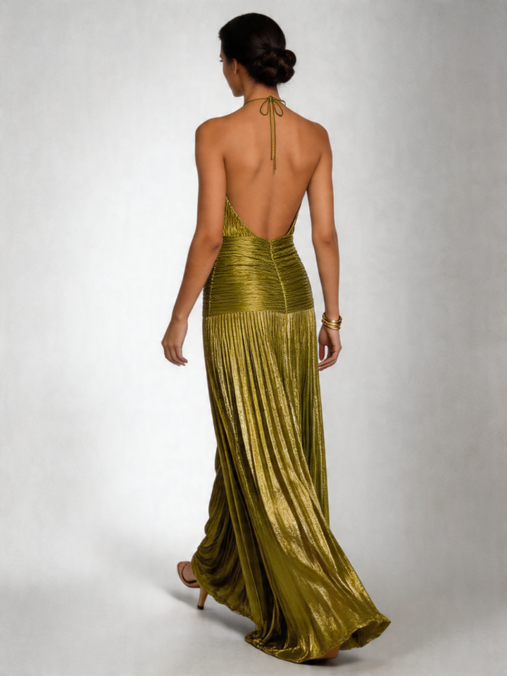 Summer Halter Neck Pleated Maxi Dress with high slit, perfect for elegant warm-weather parties.