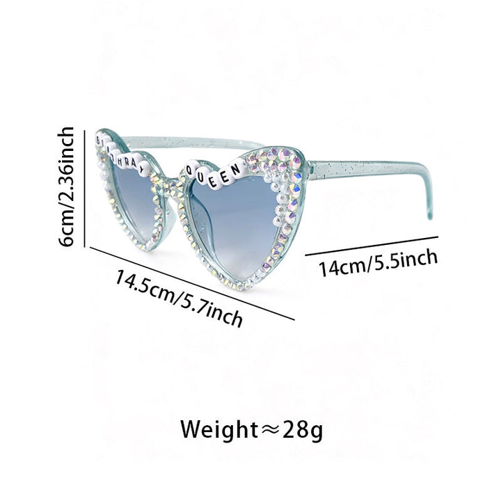 Glamorous purple heart sunglasses with rhinestones, women's birthday party glam accessory.