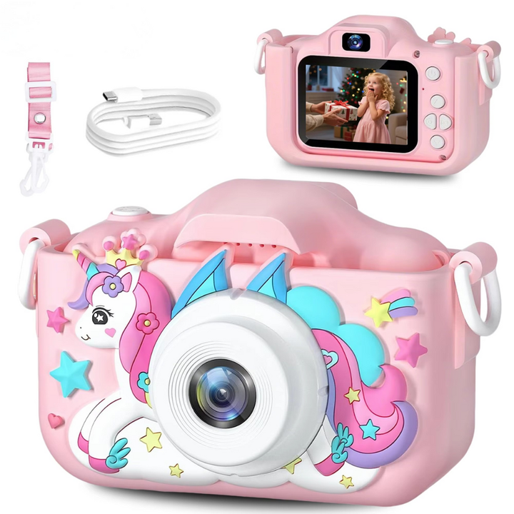 Pink kids digital camera with 32GB storage & rechargeable battery, perfect for beginner children photography.