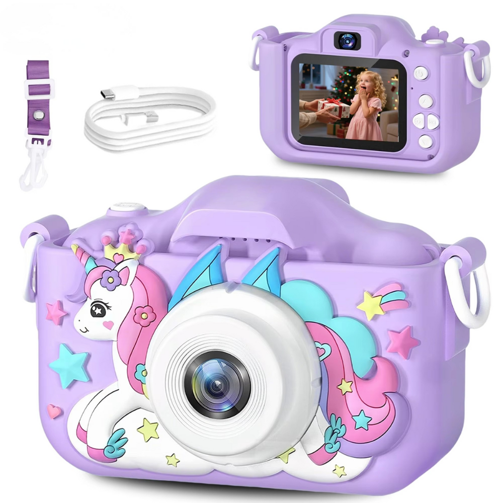 Purple children's toy camera with 32GB storage & rechargeable battery for creative fun & kids photography.