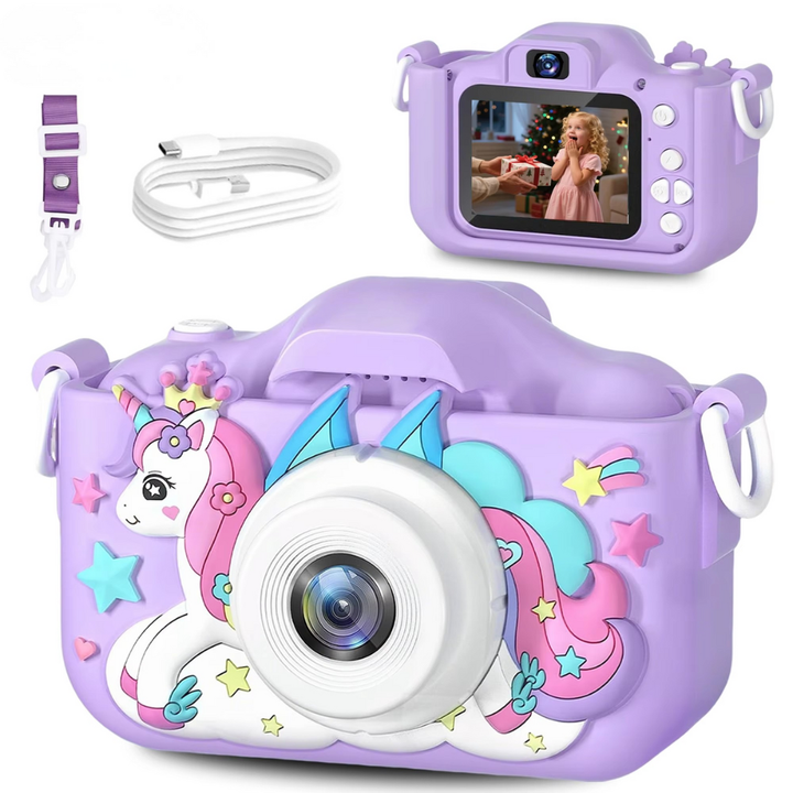 Purple children's toy camera with 32GB storage & rechargeable battery for creative fun & kids photography.