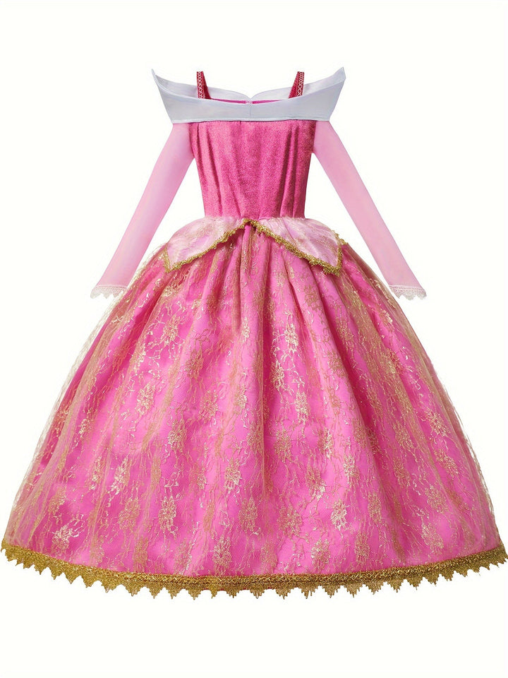 Deluxe pink princess costume for children, suitable for magical play, dress-up, and gifts.