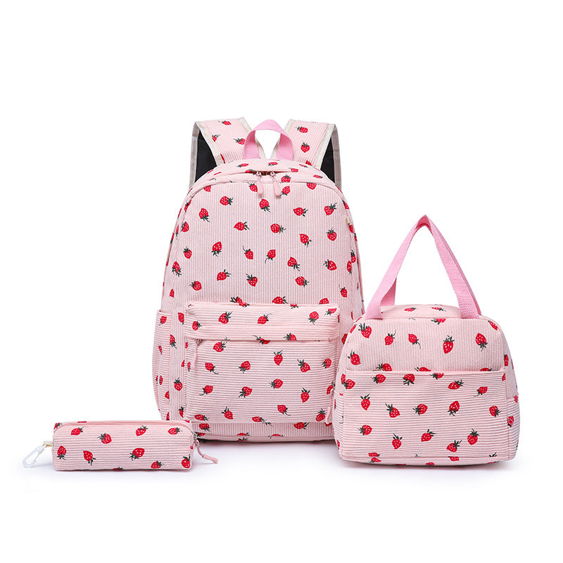 Insulated strawberry lunch box, matching the girls' backpack set, perfect for school meals & snacks.